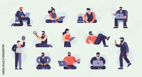 Diverse individuals engaged in various digital activities, some with devices