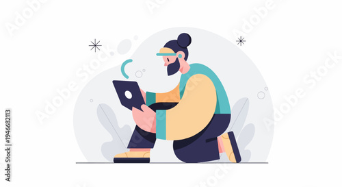 A stylized person with a beard and bun kneels, focused on a laptop