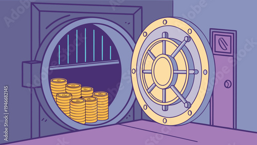 Bank vault vector illustration featuring an open circular security door revealing stacks of gold coins inside a safe for financial savings concepts.