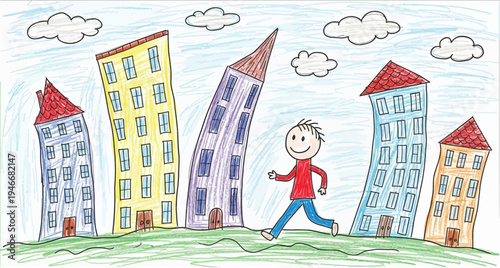 Child walking in city doodle vector