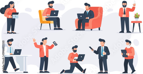 Diverse people using laptops and phones, working and communicating