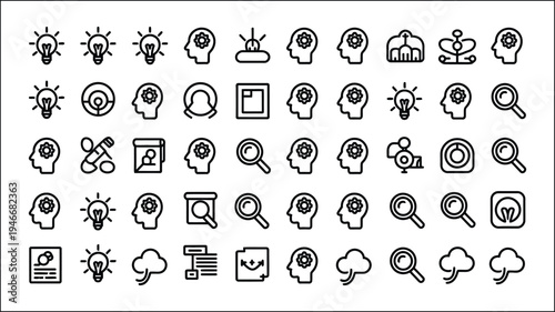 Design Thinking line editable icon set, including icons for creativity innovation ideation prototype research brainstorming and design process, modern vector symbols for UX design and concept