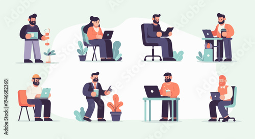 Diverse people working on laptops and devices with plants