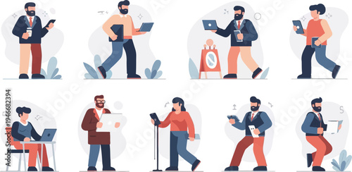 Diverse professionals actively engaged with digital devices in casual settings