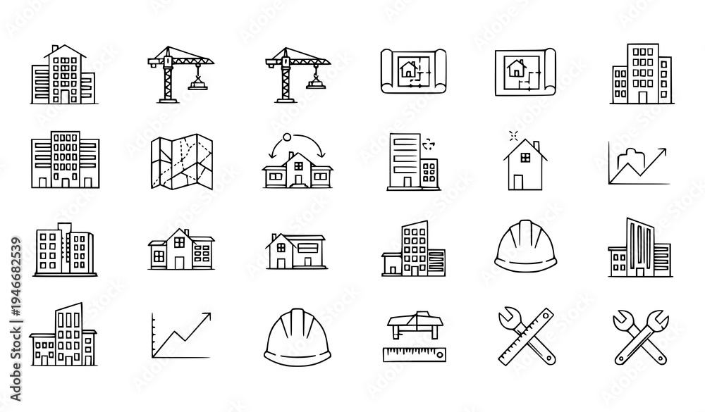 Fototapeta premium A set of construction icons in a minimal line art style