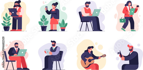 Diverse professionals engaged in various activities, including using laptops, phones, and playing music