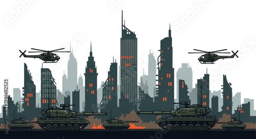City Skyline with Helicopters and Tanks.