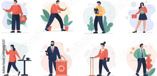 Diverse professionals engaged in various modern business activities