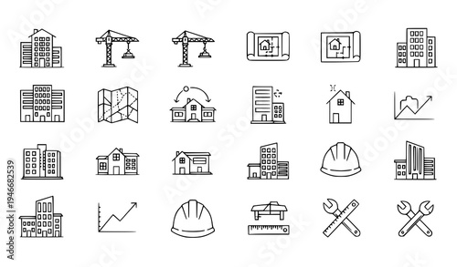 A set of construction icons in a minimal line art style