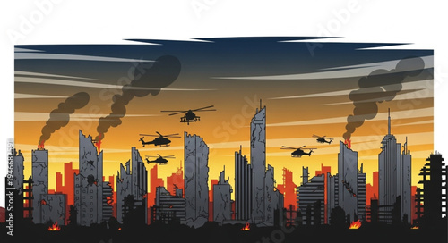 City Skyline with Helicopters Flying.