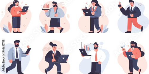 Eight diverse professionals in stylish attire engaged with technology and data