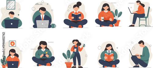 Flat illustration set of people working, reading, and enjoying leisure time indoors