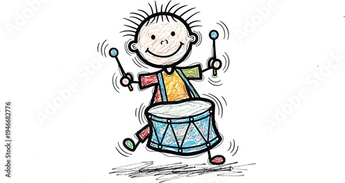 Child playing drum instrument doodle vector