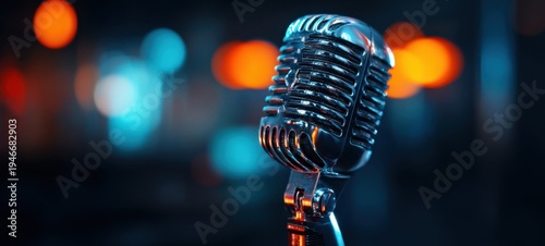 The microphone on stage with vintage chrome design and colorful bokeh lights background