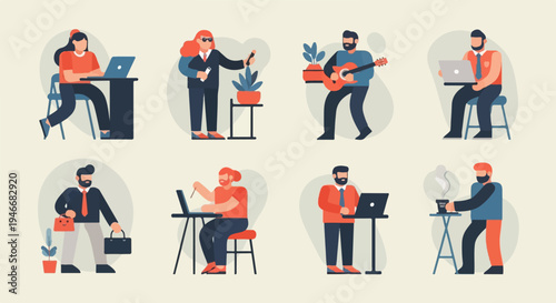 Stylized people working, relaxing and playing various instruments