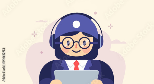Cheerful person with headphones and glasses holding a tablet