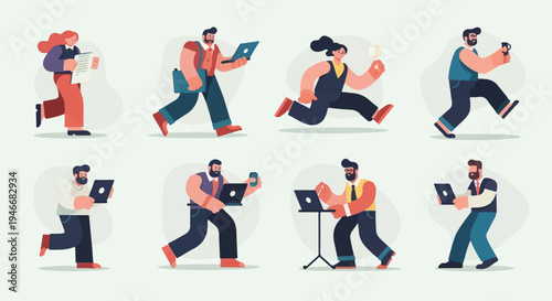 Stylized pixelated people engaged in various activities with devices