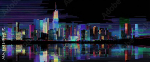 Wallpaper Mural vibrant cyberpunk city skyline illustration featuring striking glitchy effects and dynamic colors Torontodigital.ca