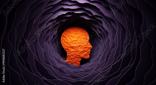 Orange crumpled paper head silhouette inside layered purple paper tunnel, representing introspection, depth, complexity, and the layers of human mind