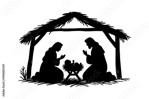 Silhouette of nativity scene showing Mary, Joseph, and baby Jesus in a manger under a stable roof, on white background, symbolizing Christmas