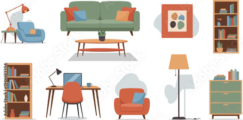 Cozy living room elements including sofa, armchair, coffee table, and desk