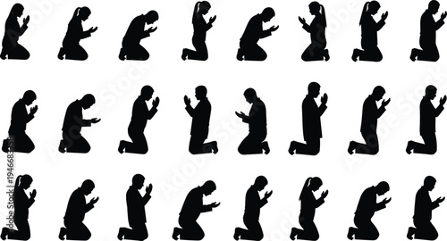prayer, silhouettes, people, kneeling, worship, faith, religion, spiritual, devotion, muslim, dua, meditation, worshiper, posture, prayer, pose, vector, illustration, set, collection