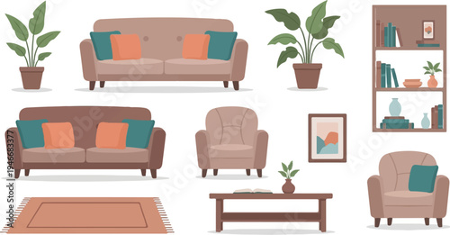 Cozy living room elements with couches, chairs, plants, books, and art