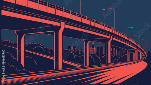 Highway overpass vector illustration featuring a modern urban bridge and city skyline at night with minimalist coral and navy blue graphic design style.