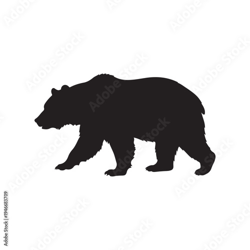 Silhouette illustration depicting a powerful grizzly bear walking steadily across a white background