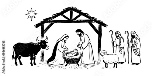 Hand-drawn nativity scene with baby Jesus, Mary, Joseph, shepherds, cow, and sheep in a stable under a star, on white background