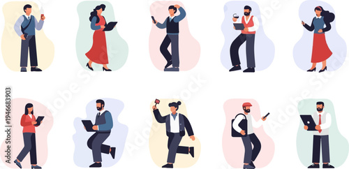 Diverse group of people engaged with modern technology, in casual and professional attire