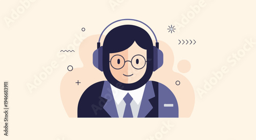 A stylized person wearing headphones and glasses, dressed in a suit and tie, with abstract shapes