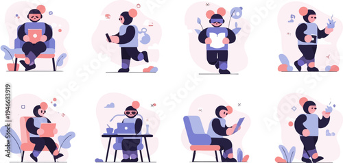 Diverse digital activities from work to leisure, embracing technology and creativity