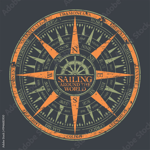 Sailing around the world rose wind compass antique vector print for marine wear grunge effect in separate layer