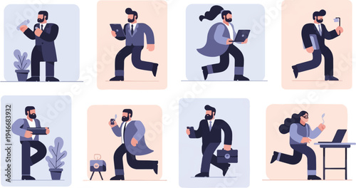 Eight modern professionals in business attire, actively engaged with technology