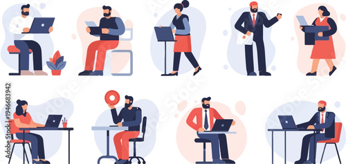 Diverse professionals work with laptops and documents, indoor settings