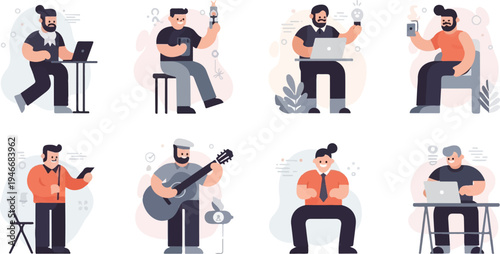 Eight diverse men engaged in various activities with digital devices and leisure pursuits