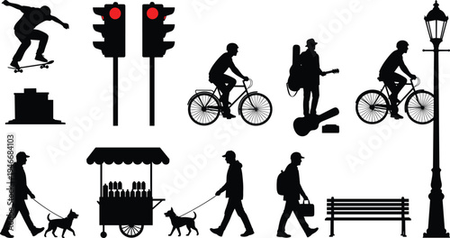 urban, street, life, silhouettes, people, cyclist, skateboarder, musician, traffic, light, walking, dog, bench, city, lifestyle, vector, illustration, set, collection, design