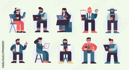 Diverse professionals engaged in work with various digital devices and tools