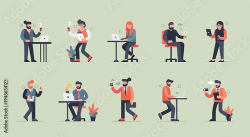 Diverse professionals engaged in various work-related activities and tasks