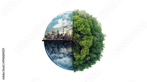 An illustration of a cityscape on a half globe with industrial pollution and smokestacks emitting smoke, contrasting with a clean side featuring trees, symbolizing ecosystem and pollution concepts 