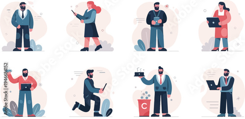 Diverse business professionals engage in various work-related activities on a plain background