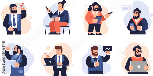 Eight diverse businessmen depicted in minimalist style, engaged in various professional activities