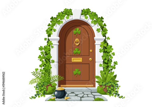 Classic Arched Wooden Door with Potted Plants and Shamrock Ornaments 