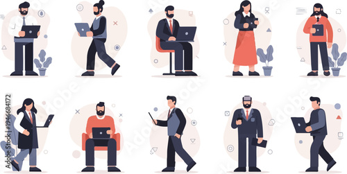 Collection of diverse individuals engaged in work with laptops and tablets