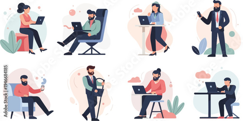 Diverse individuals engage in digital tasks, utilizing laptops, phones and tablets