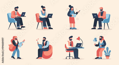 Diverse professionals engaged in remote work and office tasks, illustrating modern employment