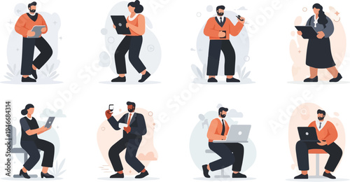 Diverse professionals engaging with digital devices in a stylized, modern setting