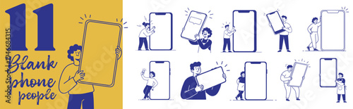 Cartoon people holding oversized smartphones with blank screens for mobile app presentation advertising mockups and digital marketing layouts