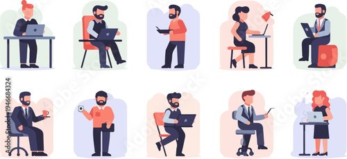 Diverse professionals engage with technology in various office settings